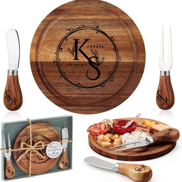 Round Wooden Cheese Board with Knives Thumbnail